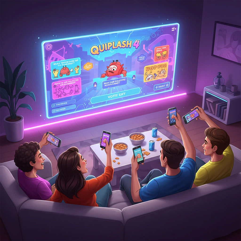 friends enjoying Jackbox Games together using smartphones and a Smart TV