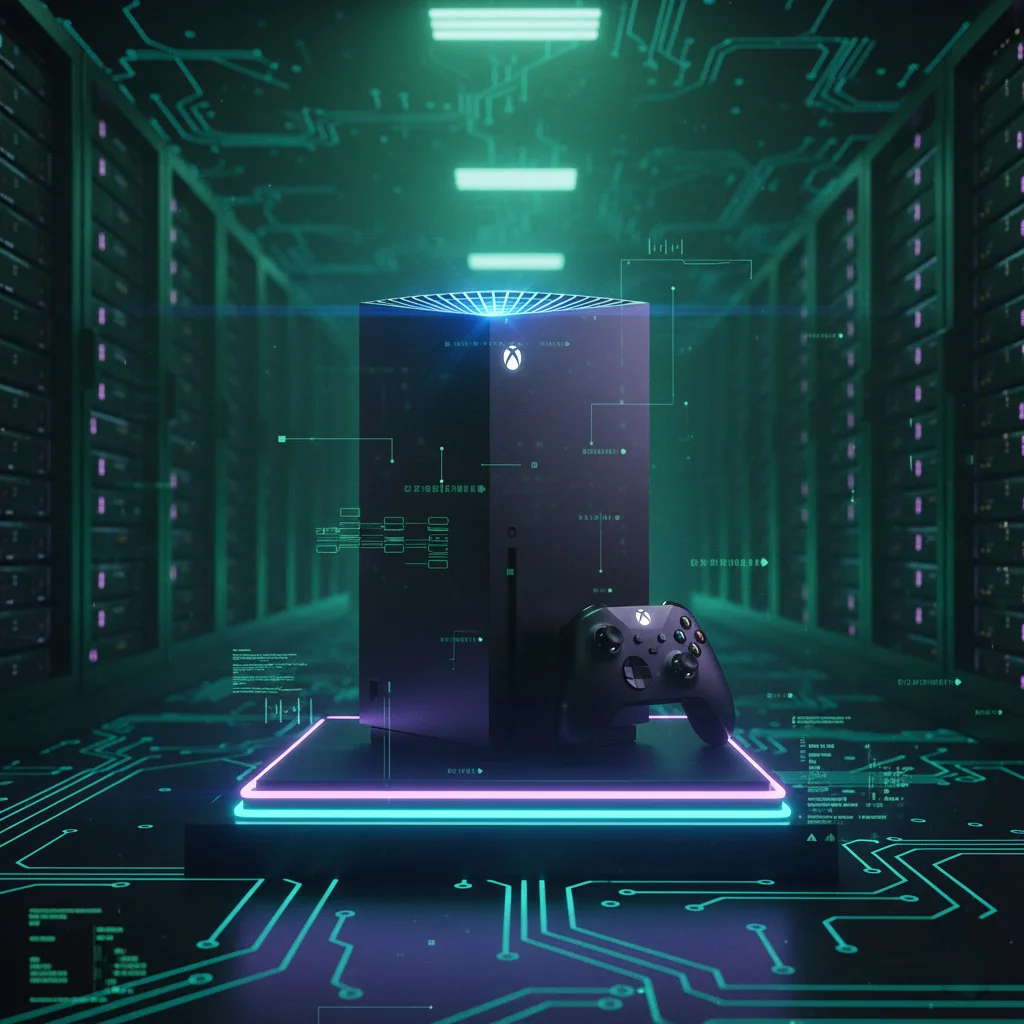 Xbox Series X console and controller in a high-tech data center environment.