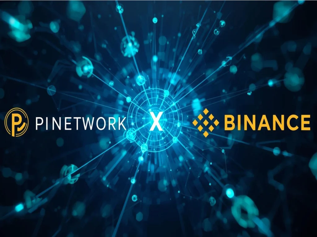 A close-up photograph of a smartphone screen displaying a cryptocurrency exchange interface with a trading pair for PI/USDT and a "Buy/Sell" button, set against a blurred background of financial charts.
