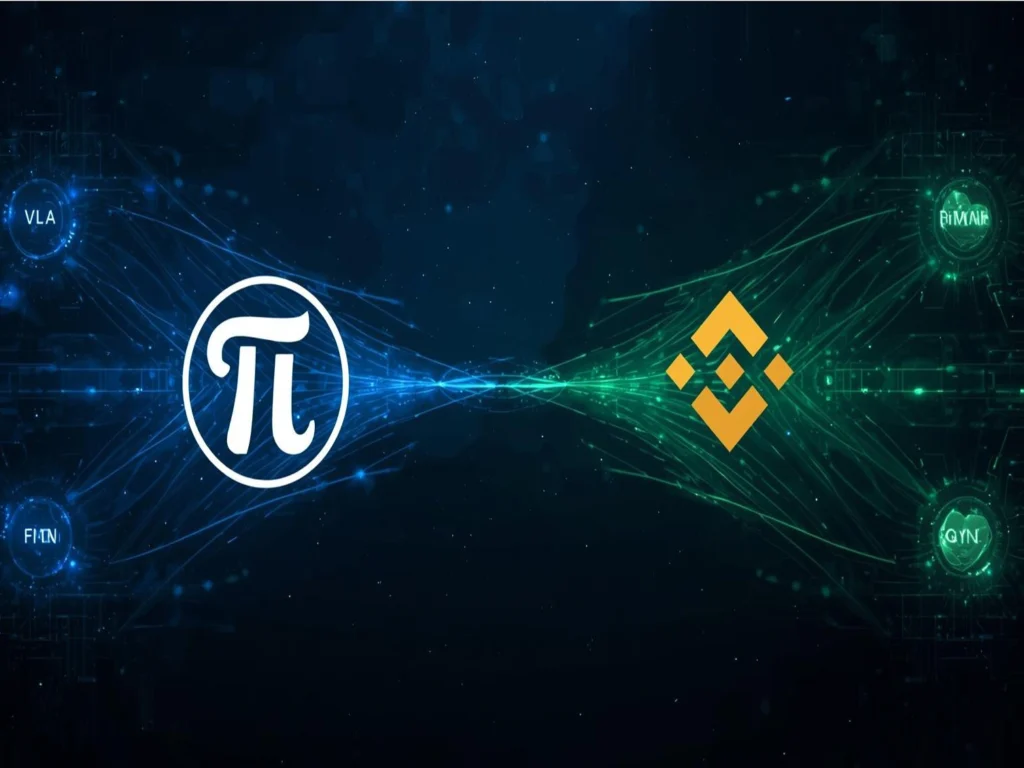 A 3D render of a glowing blue digital shield with a padlock icon in the center. The Binance logo is on the left side of the shield, and the Pi Network logo is on the right, symbolizing a protected partnership.