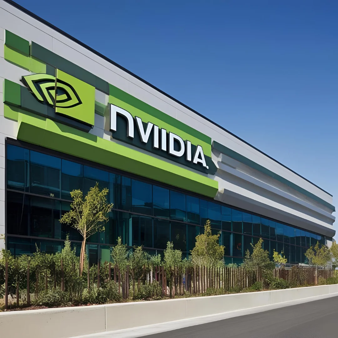 Nvidia logo on a stock market graph showing a recent dip.