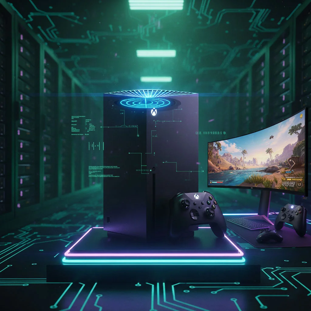 Xbox Series X console and controller in a futuristic server room