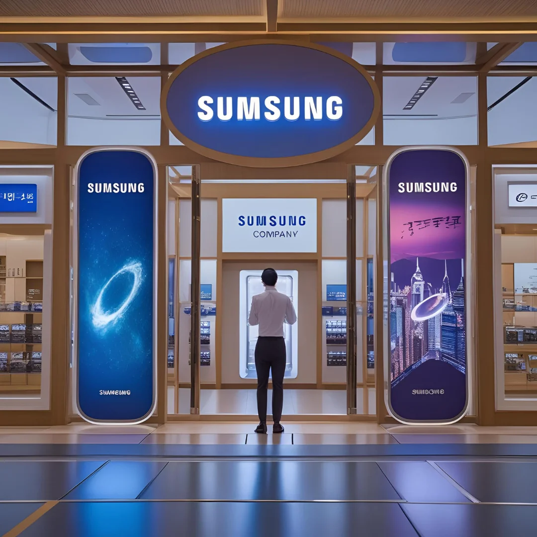 Samsung company headquarters with blue logo on modern glass building