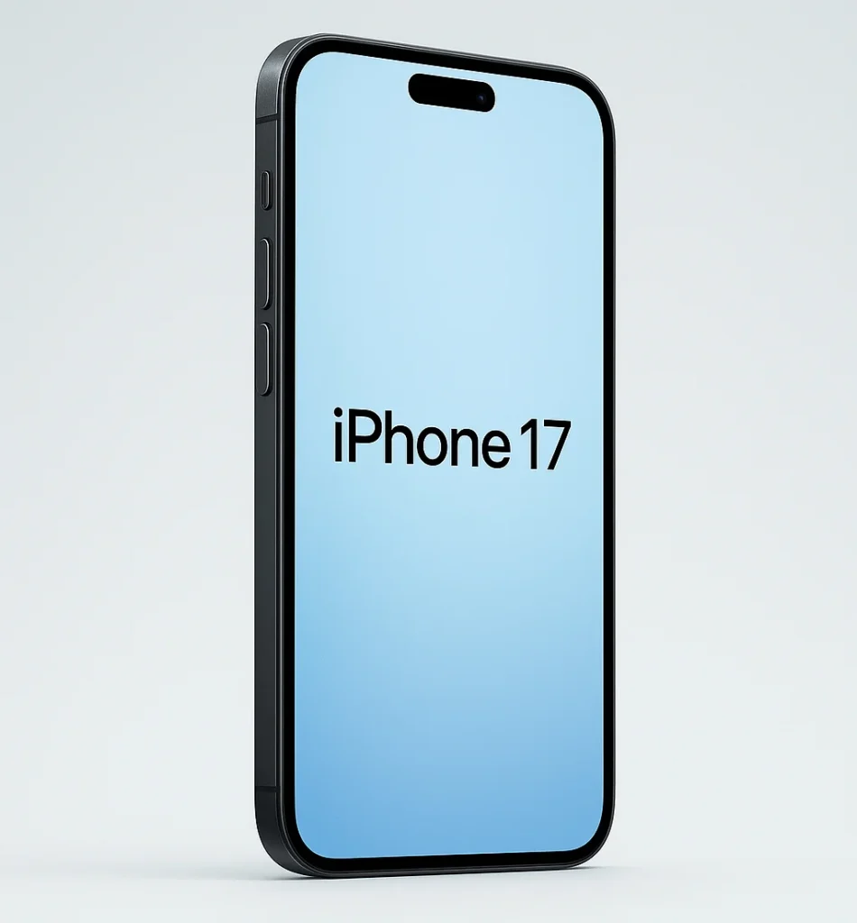 Sleek side view of the upcoming Apple iPhone 17 with a slim frame and edge-to-edge display.