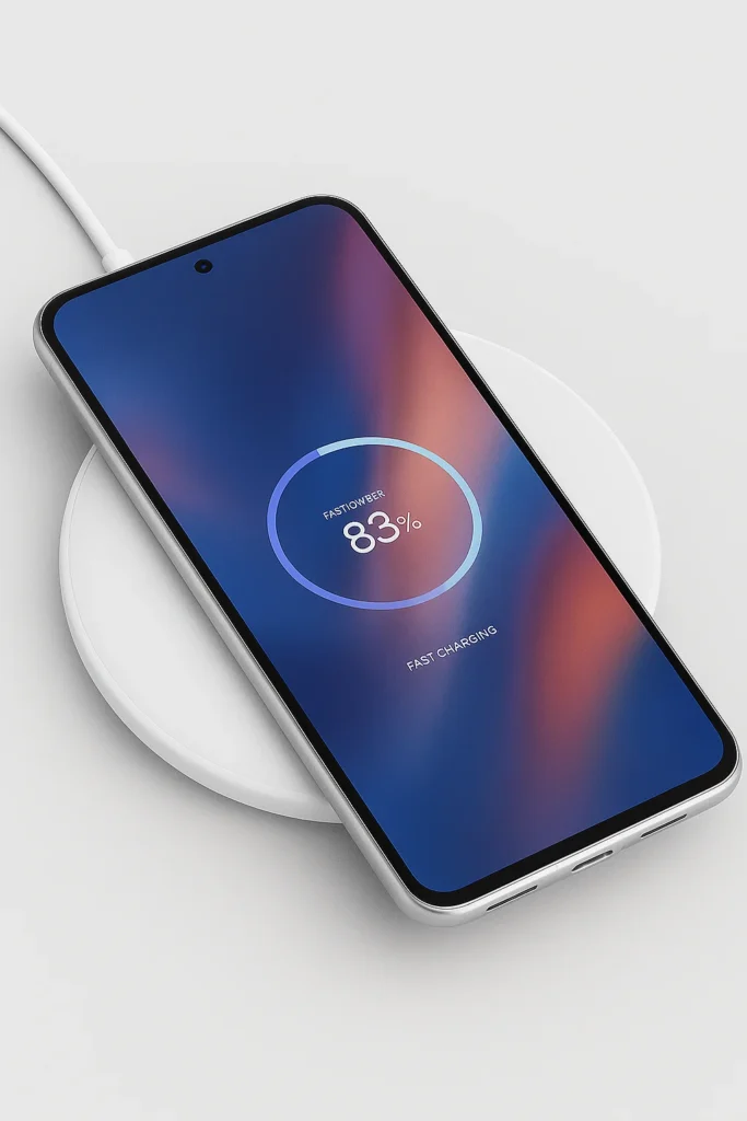 Google Pixel 10 charging on a wireless charging pad with fast charging indicator