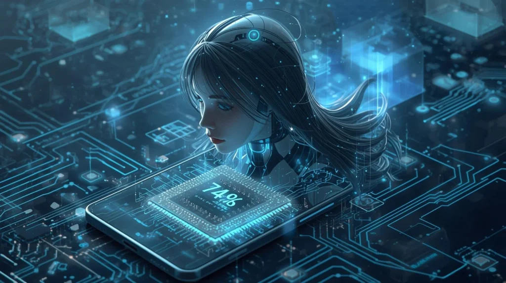 Smartphone concept with glowing AI chip inside processor