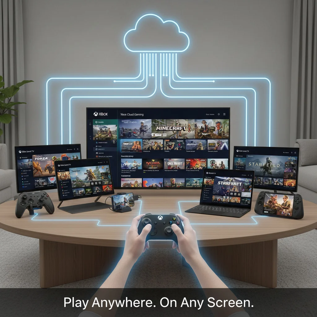 Multiple devices (Smart TV, tablets, phone, laptop) all running Xbox Cloud Gaming, connected to a central cloud.