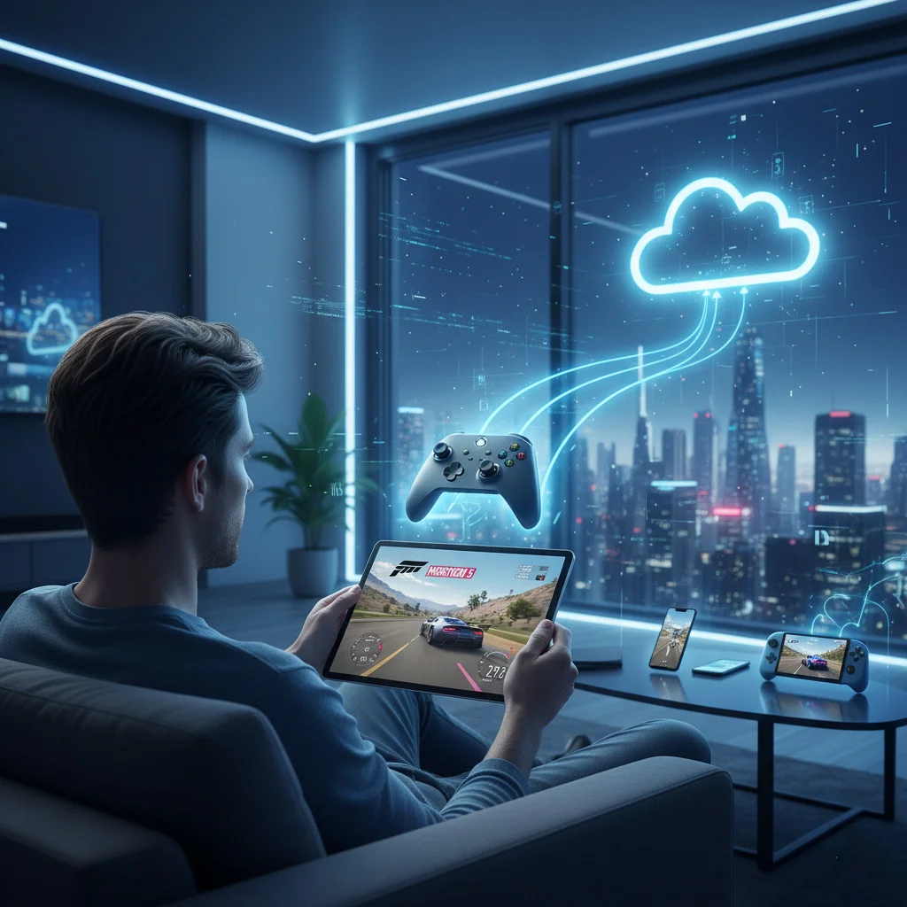 Man playing Xbox Cloud Gaming on a tablet, with controller and cloud data stream, showing multi-device access.