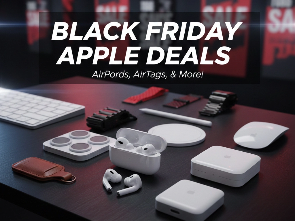 A collection of Apple products including AirPods, AirTags, and MagSafe chargers, highlighting Black Friday sales.