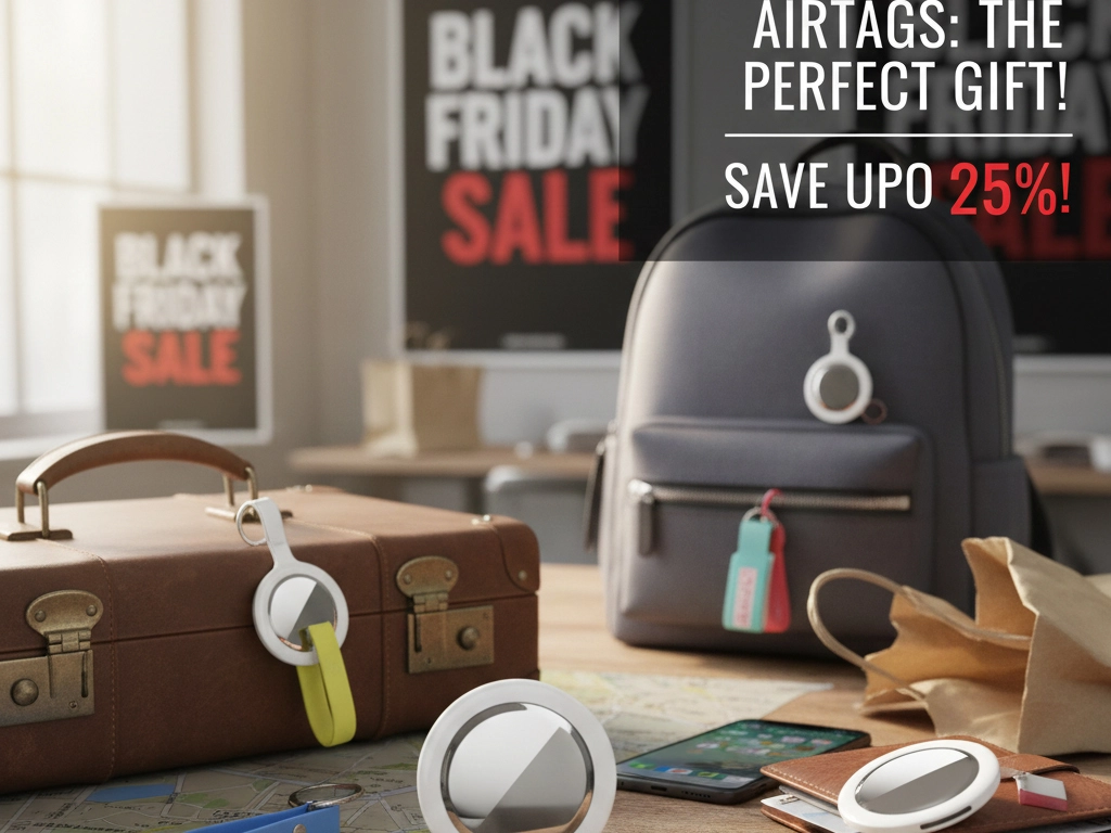 Multiple Apple AirTags attached to keys, luggage, and a wallet.