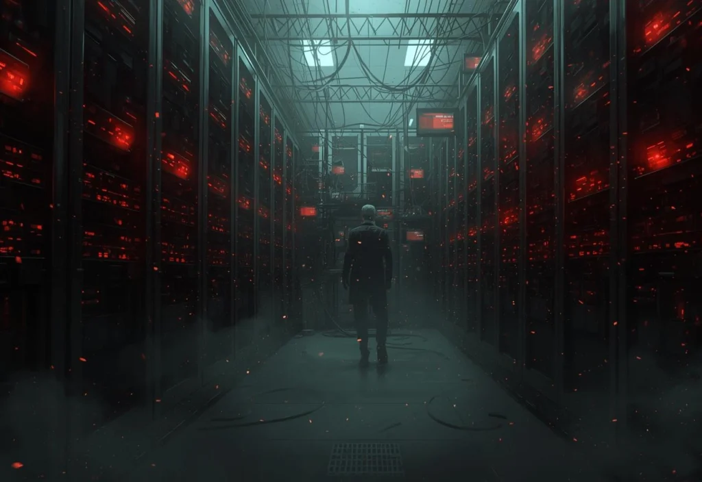 Servers with warning lights indicating overload or technical issues