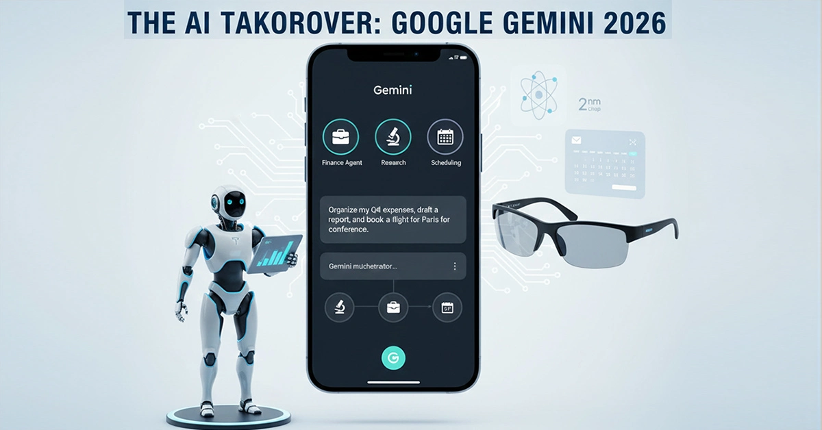 A white humanoid robot stands beside an open laptop displaying the Google Gemini interface. The robot interacts with a holographic financial data graph. The laptop screen shows various Gemini agent options like "Finance Agent," "Research," and "Scheduling." Smart glasses, a calendar icon, and a 2nm chip symbol are subtly integrated into the background.