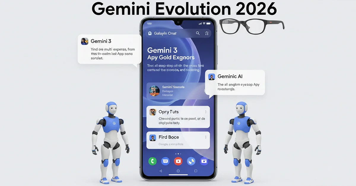 A close-up, stylized image of a glowing blue microchip on a circuit board, representing advanced 2nm technology. Above it floats a holographic interface that reads "Gemini Nano: On-Device AI," with icons for a calendar, smart glasses, and a heartbeat monitor, symbolizing privacy and local processing.