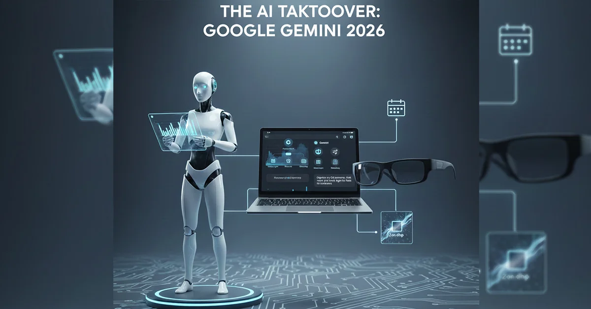 A futuristic scene depicting Gemini's evolution in 2026. A sleek white robot interacts with a holographic interface displaying data. A laptop screen shows the Gemini interface with "Finance Agent," "Research," and "Scheduling" options. Next to it are smart glasses and a 2nm chip schematic. Below, a Google-branded processor glows with circuits, and a modern kitchen features a smart refrigerator with a Gemini interface and a small robot assistant.