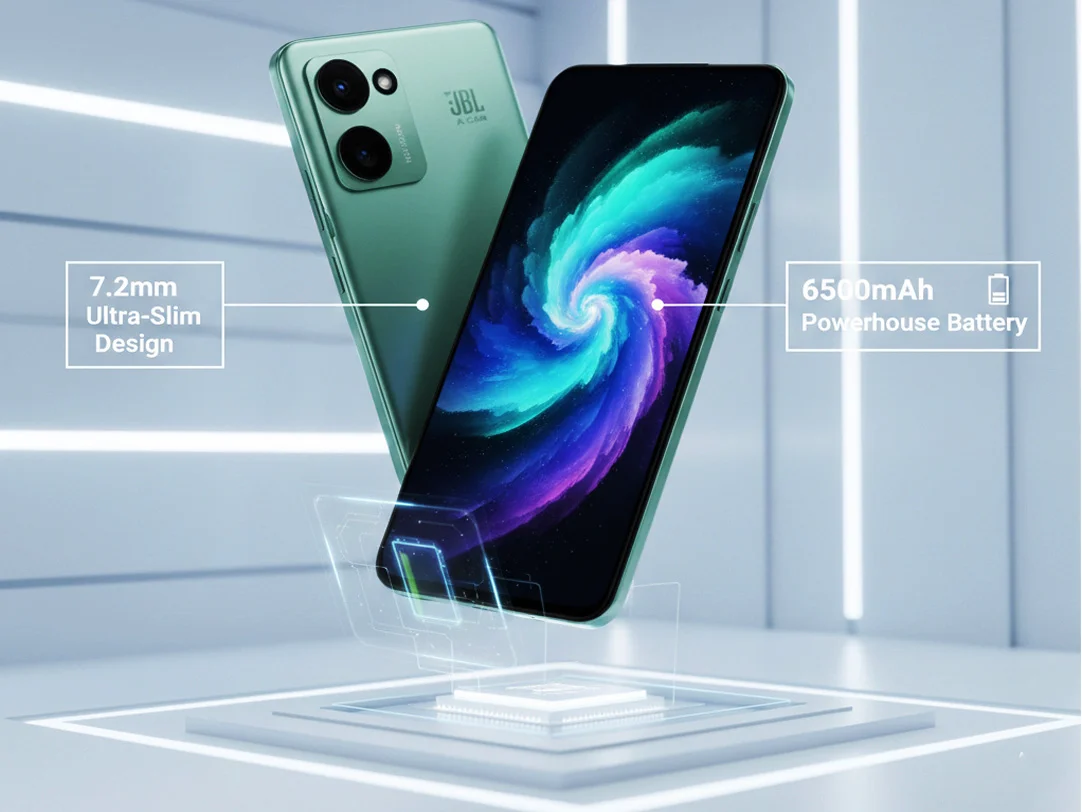 Infinix Note Edge 5G smartphone in Silk Green showing 3D curved AMOLED display and ultra-slim 7.2mm design.