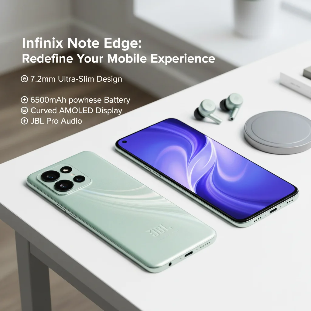 Infographic of Infinix Note Edge internal components including the 6,500mAh silicon-carbon battery and MediaTek Dimensity 7100.