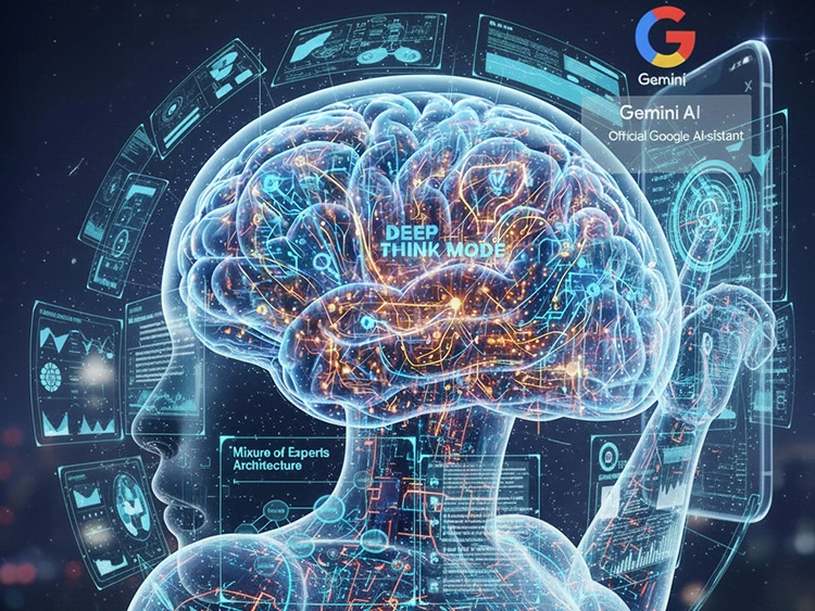 A large stack of books, a film reel, and a laptop with thousands of lines of code being "read" simultaneously by a glowing blue AI beam.