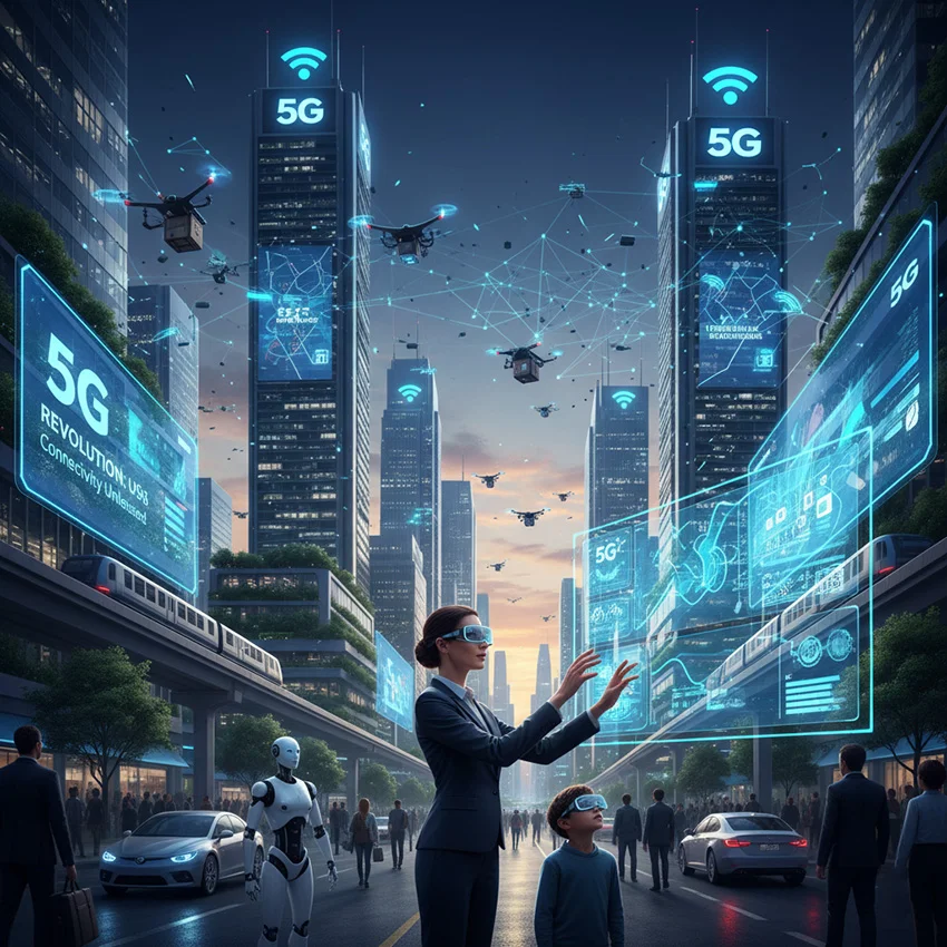 Futuristic cityscape with a businesswoman, robot, and child interacting with holographic 5G data screens, under neon lights from drones and smart buildings.