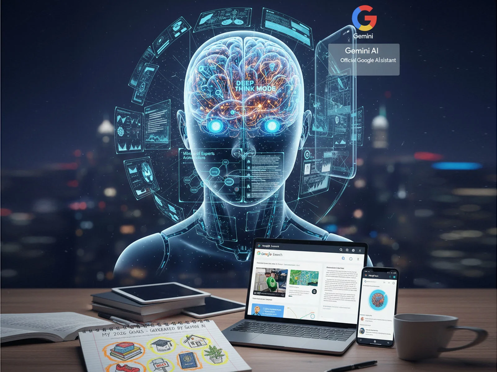 A futuristic human silhouette with a glowing brain labeled "Deep Think Mode," surrounded by data interfaces representing Gemini AI's multimodal capabilities, Mixture of Experts architecture, and its integration across Google Search, mobile (Google Assistant replacement), and the "AI Vision Board" trend. A laptop displays a Google Search Generative Experience interface, and a notebook shows "My 2026 Goals – Generated by Gemini AI