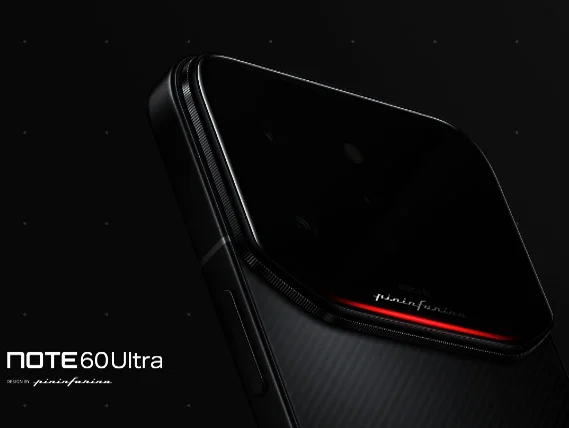 Infinix Note 60 Ultra smartphone showcasing its 144Hz display and rear camera module with Pininfarina design elements.