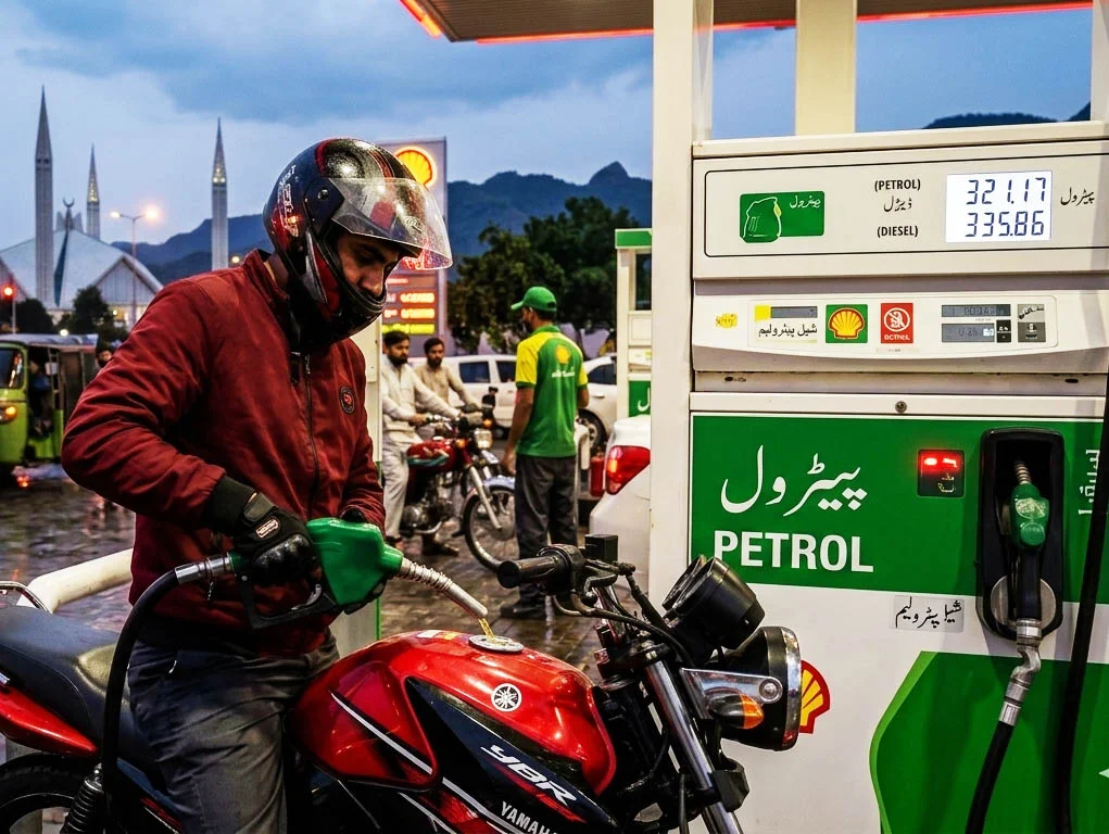 Petrol price increase in Pakistan with fuel pump showing rising fuel cost per litre