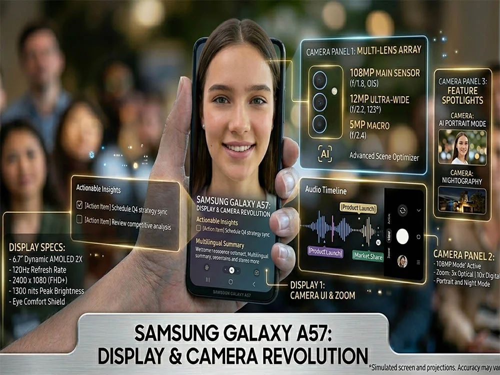 A hand holding a Samsung Galaxy A57 smartphone showing an AI Transcript Assist screen with a voice recording waveform and text dialogue between two speakers.