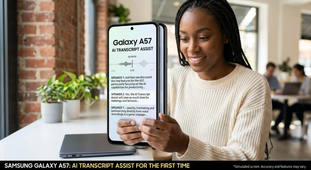 A woman smiling while holding a Galaxy A57 phone that is actively transcribing a conversation in a modern indoor setting.