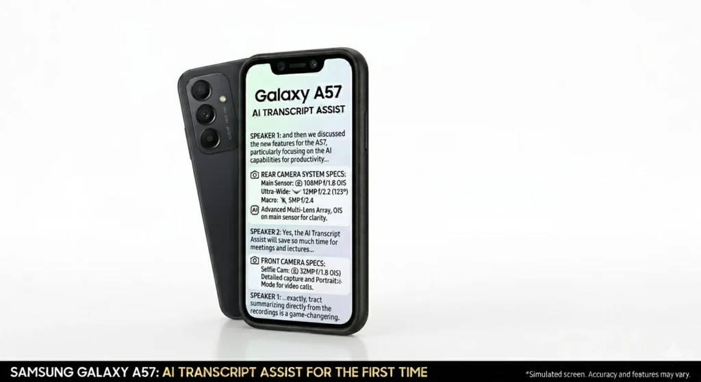 Infographic-style image of the Galaxy A57 with floating digital panels detailing its 108MP camera, AI processor, and high-refresh-rate display specifications.