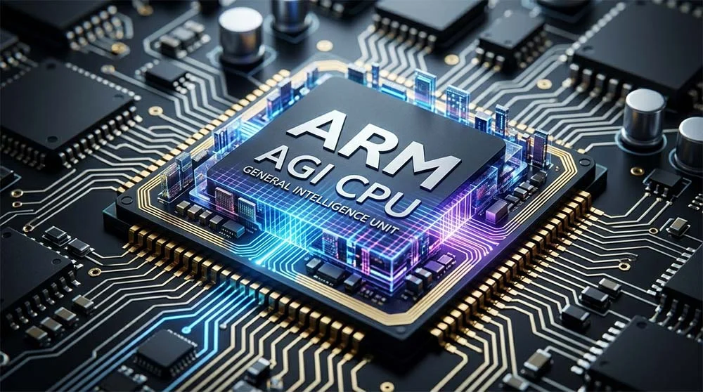 Advanced AI CPU chip with glowing circuits representing Arm AGI processor