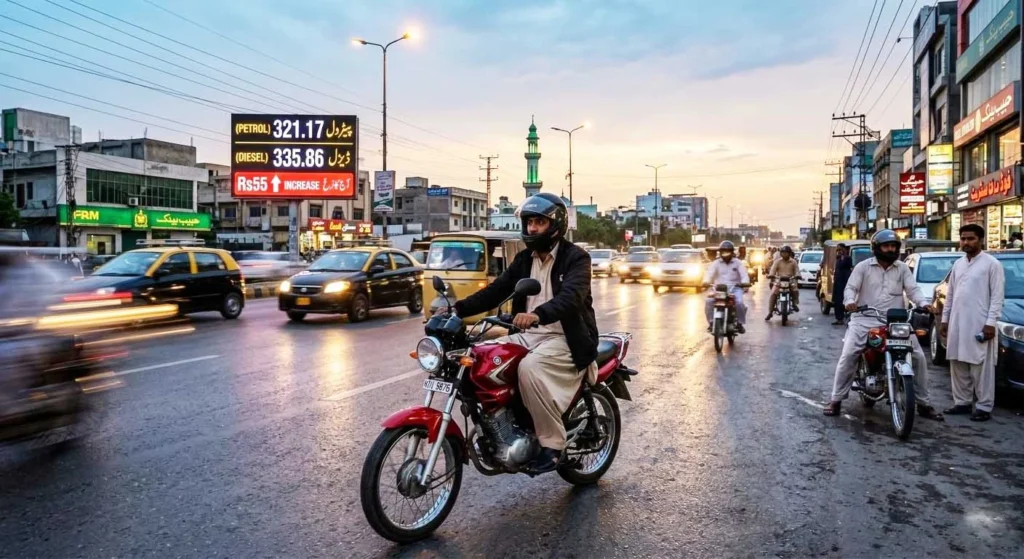 Motorcyclists waiting at petrol station after petrol price increase in Pakistan