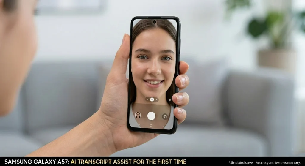 A close-up infographic of a hand holding the Samsung Galaxy A57 with multiple glowing, floating digital panels that detail its 108MP camera specifications, 120Hz display, and NPU processing power.