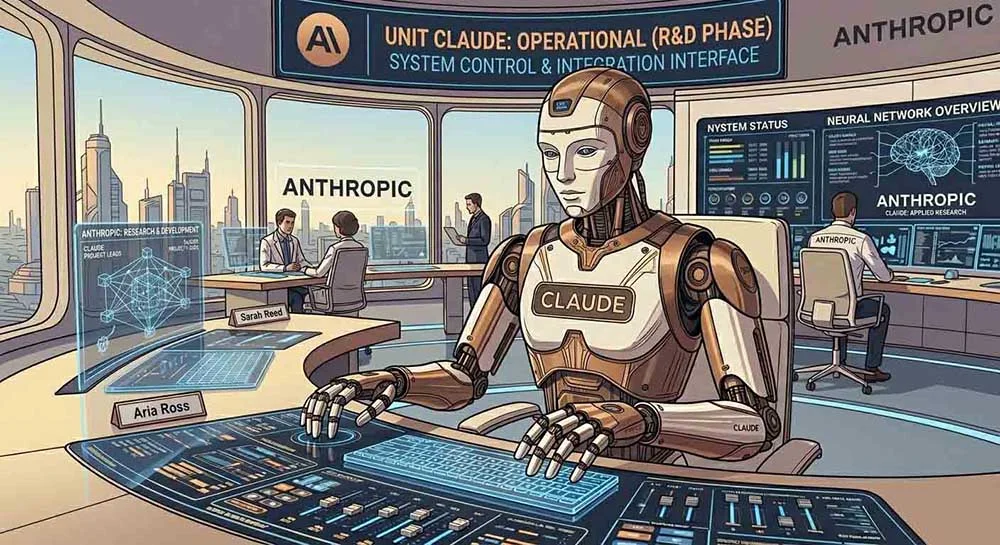 futuristic AI agent controlling computer tasks and digital systems