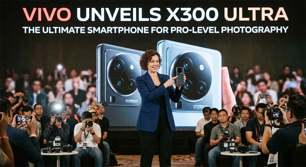 Content creator using Vivo X300 Ultra for professional video recording