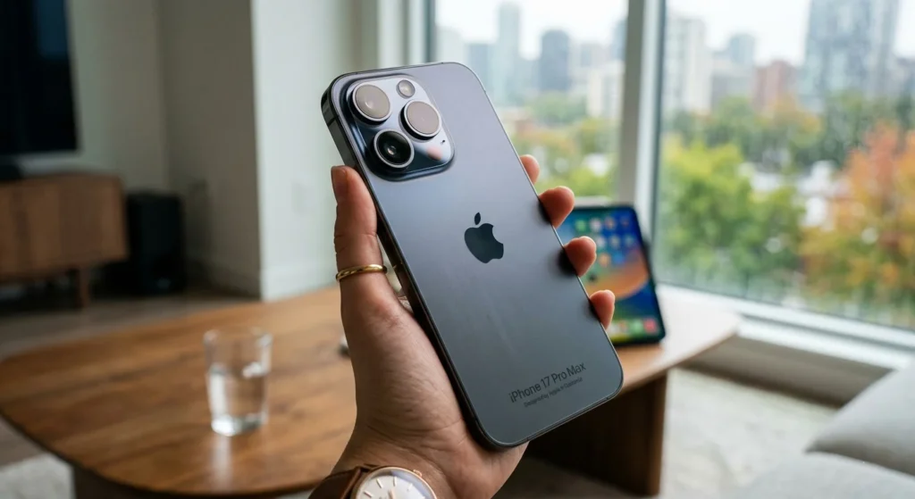 iPhone 17 Pro Max large OLED display with titanium frame and ultra-thin bezels